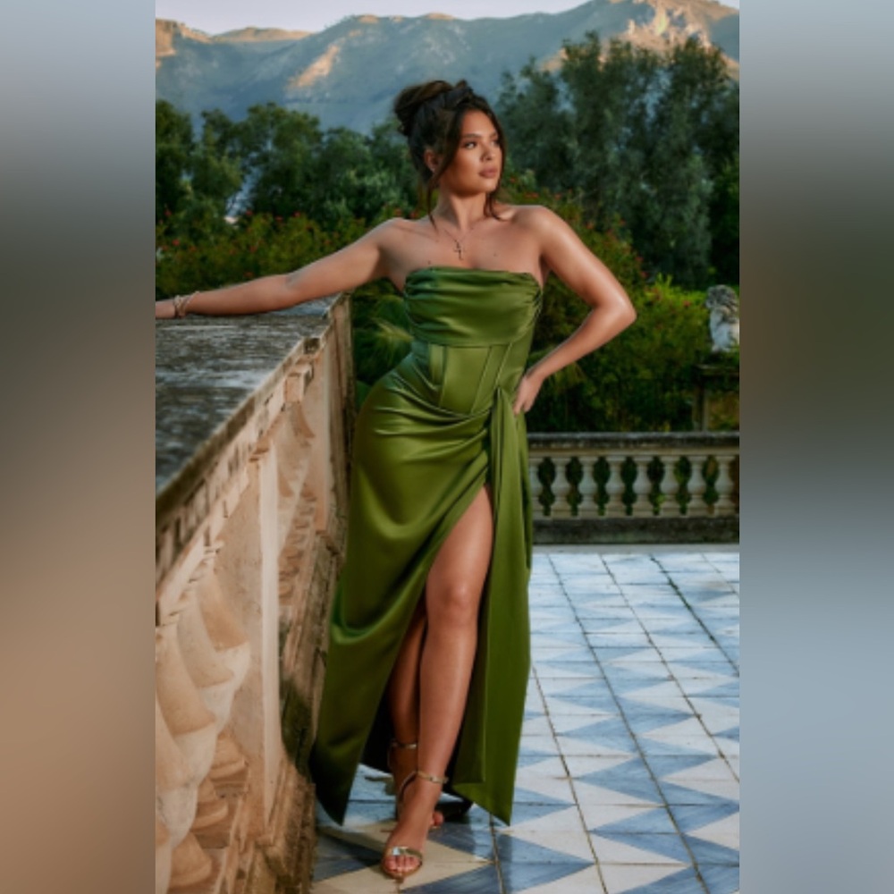 Khaki Satin Draped Bandeau Corset Midaxi Dress. Size 12.